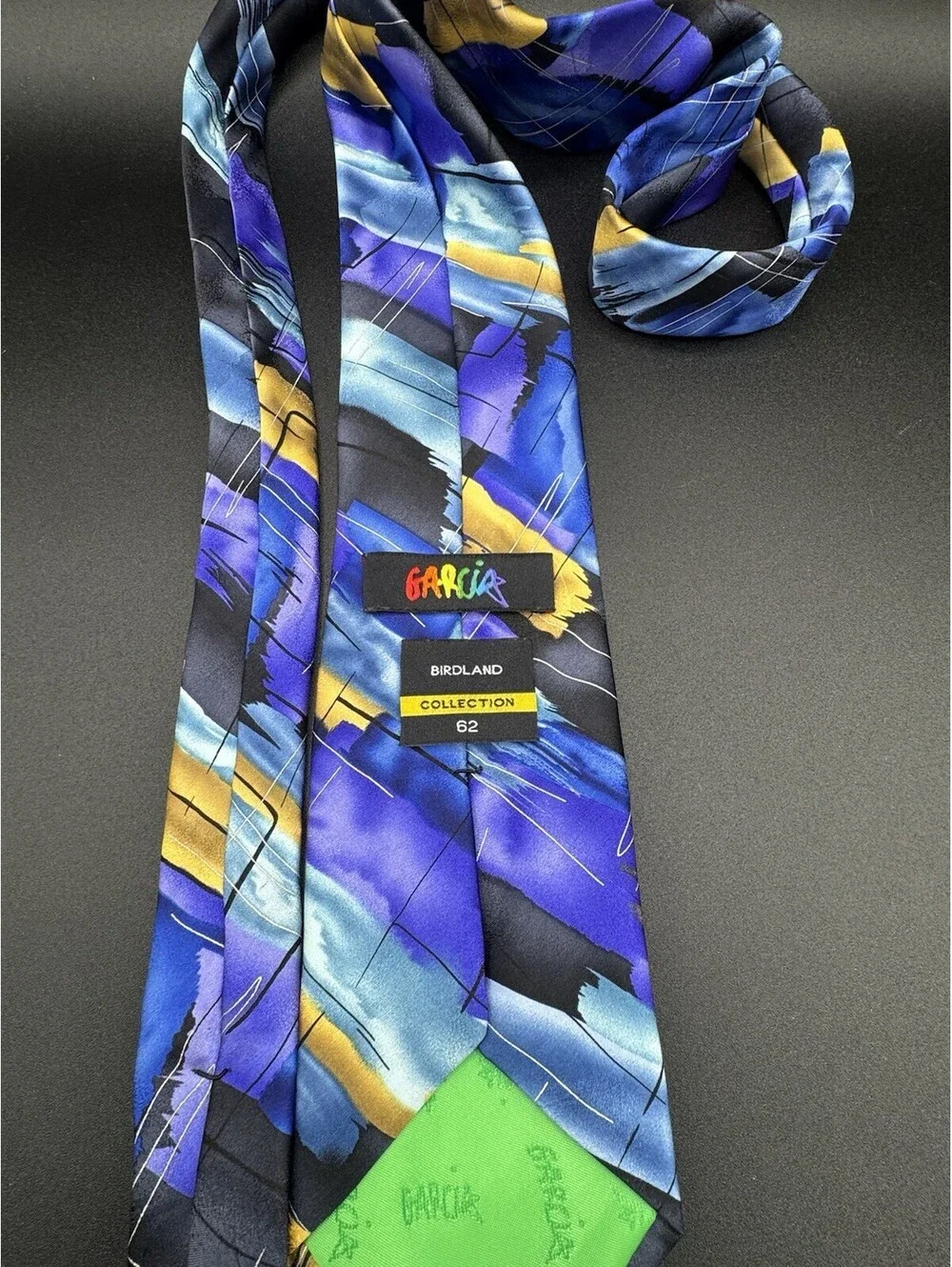 J Garcia Birdland Collection 62 Silk Tie Abstract Blue Purple 59” x 3.5”